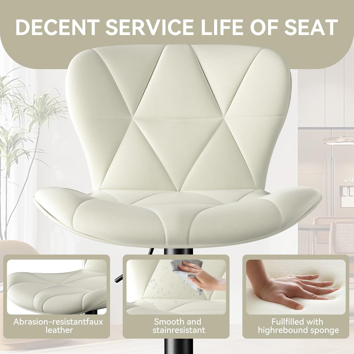 Barhocker 2er Set |Barstuhl Höhenverstellbar mit Rückenlehne, Höhenverstellbar, 360° Drehbar, Kunstleder, für Esszimmer Heimbar Kücheninsel, 2 x Hocker, Weiß
