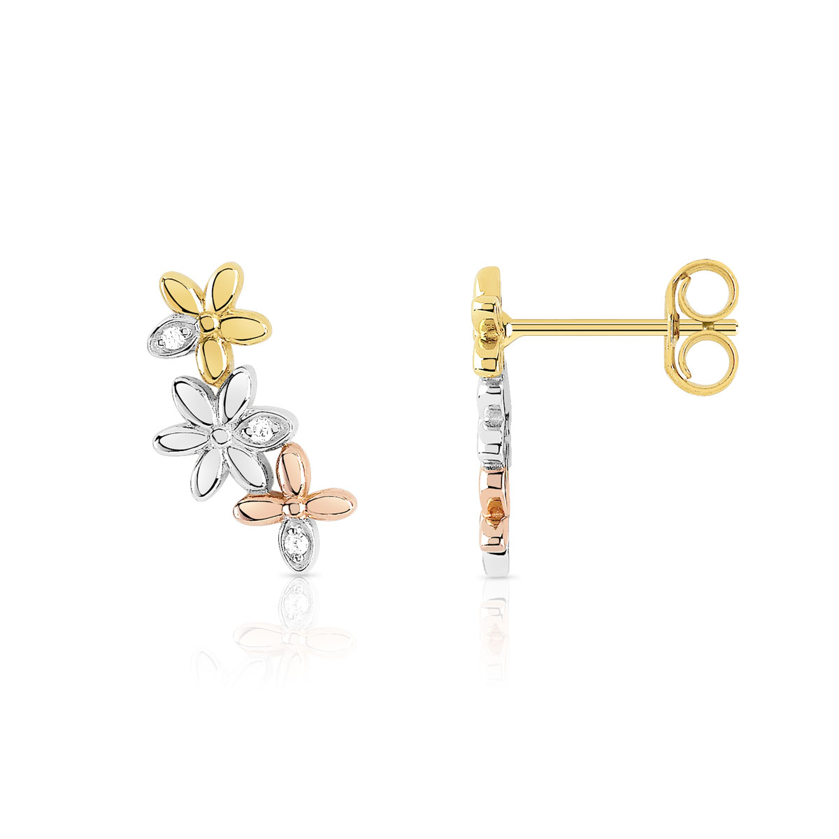 Boucles d'oreilles or 375 3 tons fleurs diamants