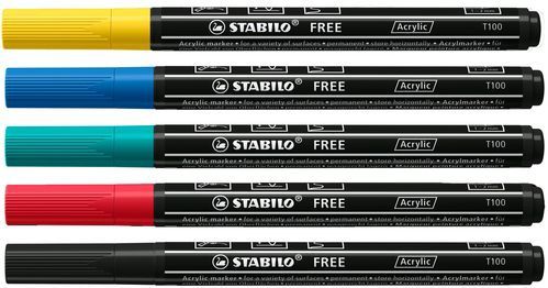 STABILO FREE Acrylic markeerstift 5 stuk(s) Zwart, Blauw, Karmijn, Turkoois, Geel