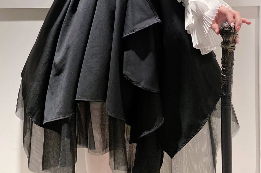 RONIN - Blouse met pofmouwen, effen, geplooide knopen / Asymmetrische mini-A-lijn mesh rok met hoge taille / Strik / Set
