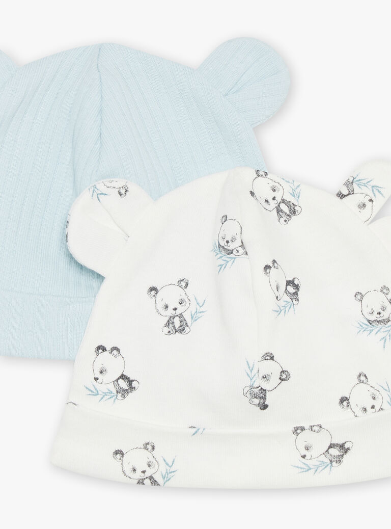 Lot de 2 bonnets de naissance bleu et écru en coton biologique