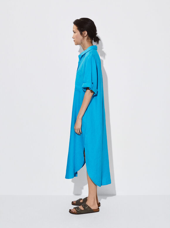 Vestido camisa de linho - Azul