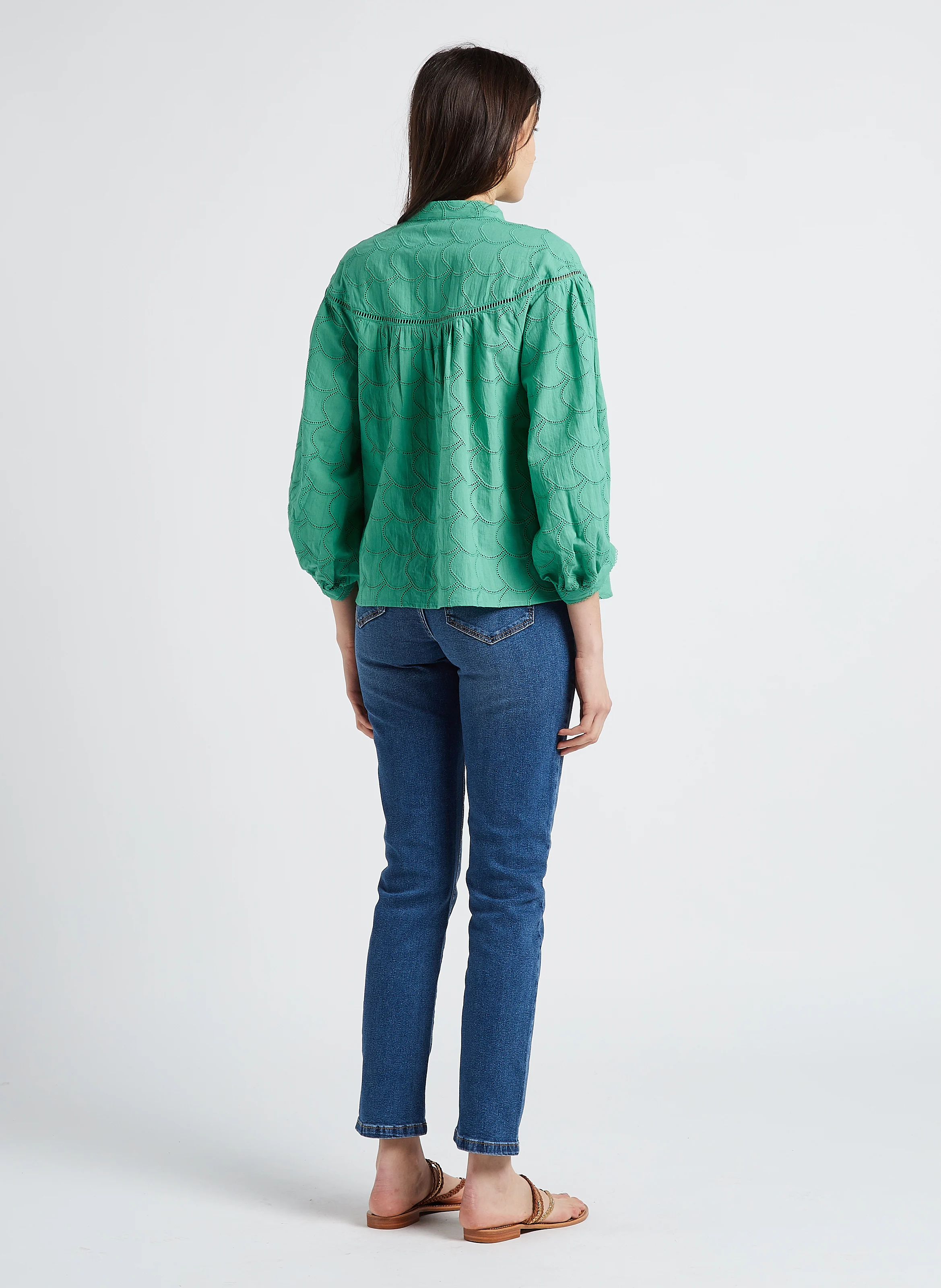 Jean droit taille mi-haute en denim de coton| Bleu