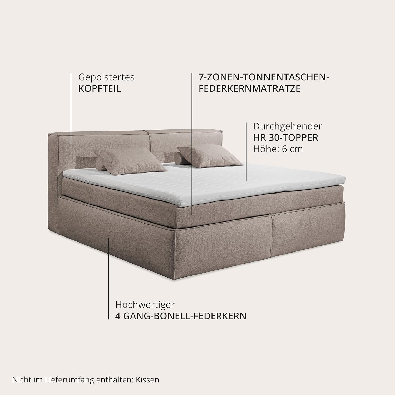 Boxspringbett Sandon Familienbett 240x200 in Stone – Duo-Wendematratze H3/H4 mit 7-Zonen-Tonnentaschenfederkern, 6 cm Topper & komfortable Liegehöhe 70 cm