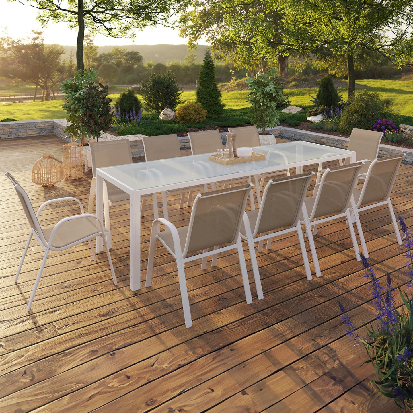 Salon de jardin MADRID table 240 CM et 10 chaises empilables blanc et beige