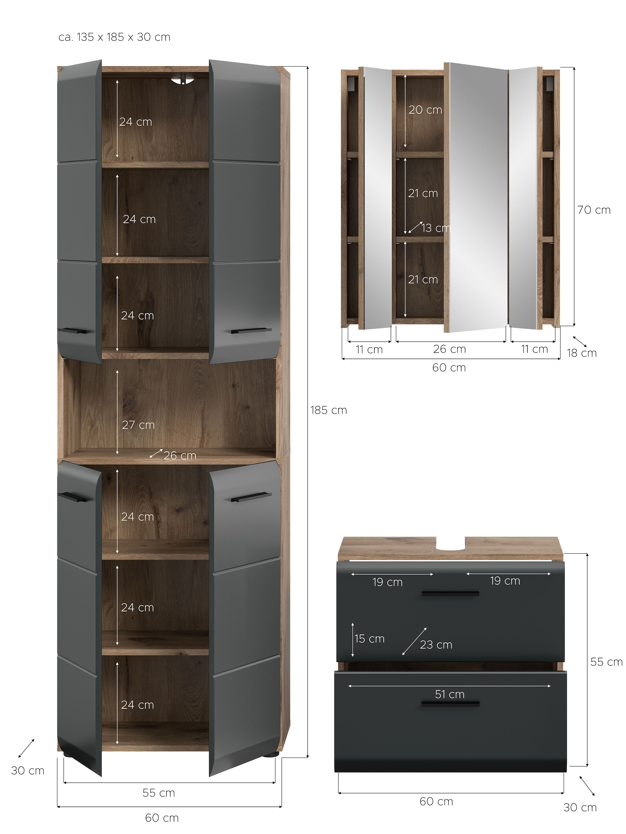 INOSIGN Badmöbel-Set »FLORENZ, TOPSELLER!, 3-teilige Badkombination, hochwertige MDF-Front« Set, best. aus: 1 Hochschrank, 1 Waschbeckenunterschrank, 1 Spiegelschrank, 3 Stk. tlg.