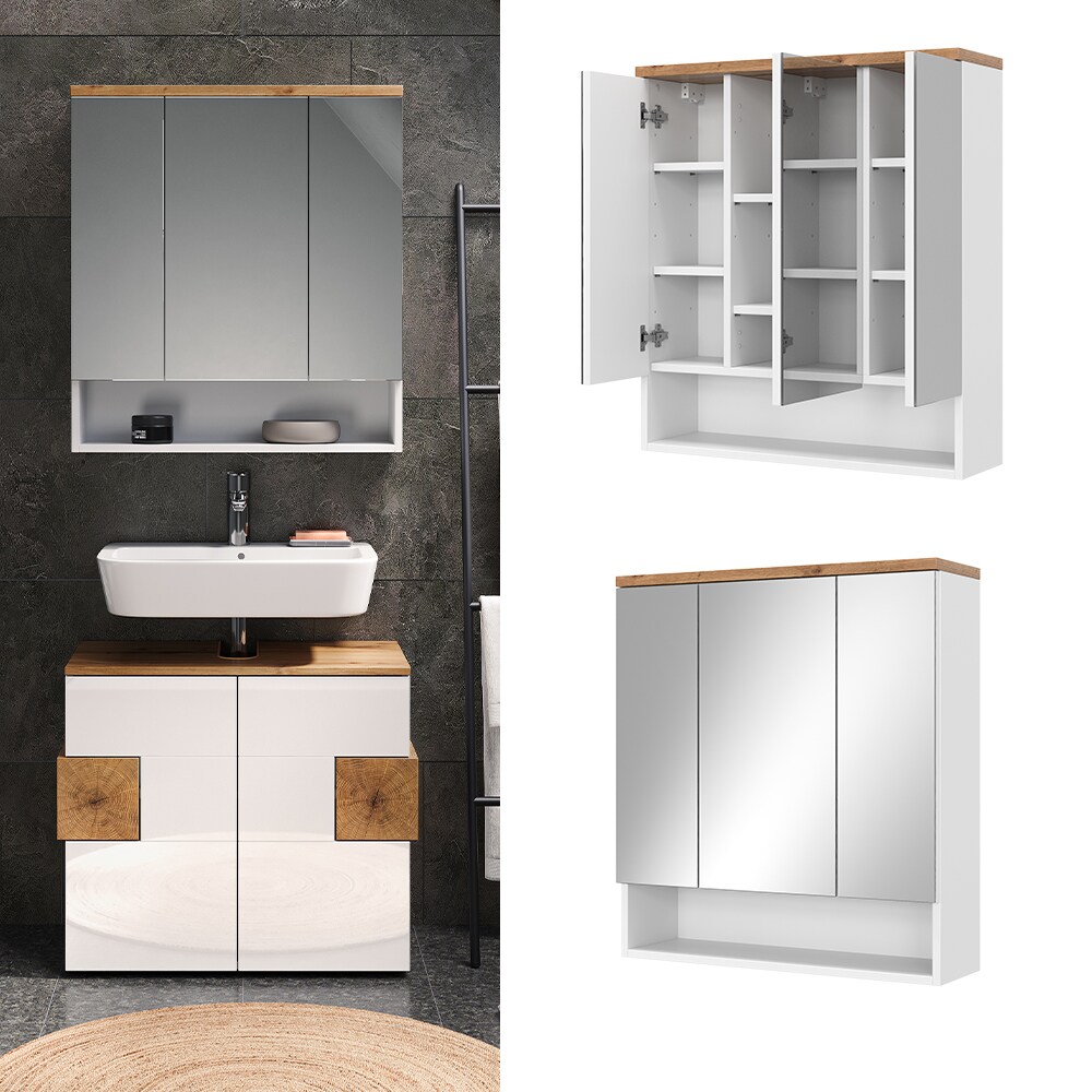 Vicco Spiegelschrank Badspiegel Wandspiegel Eden Weiß Artisan modern 70x78 cm Badezimmer Schrank Badschrank Badezimmermöbel Badmöbel 3 Türen Hochglanz