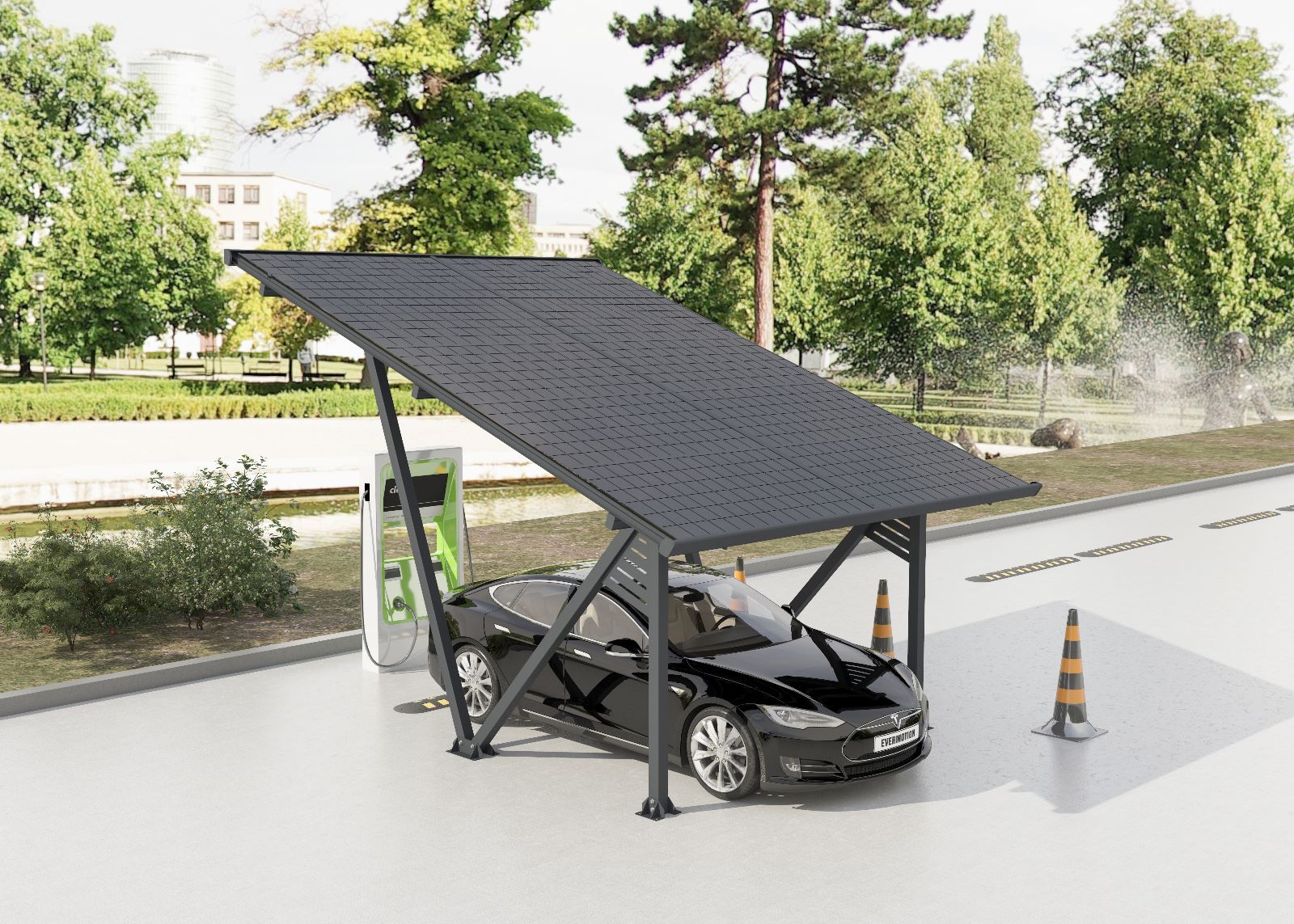 Solarway Single PKW Solar-Carport Gestell 4300 Watt - inkl. 10 Solarpanels und Regenrinne - Dach versiegelt