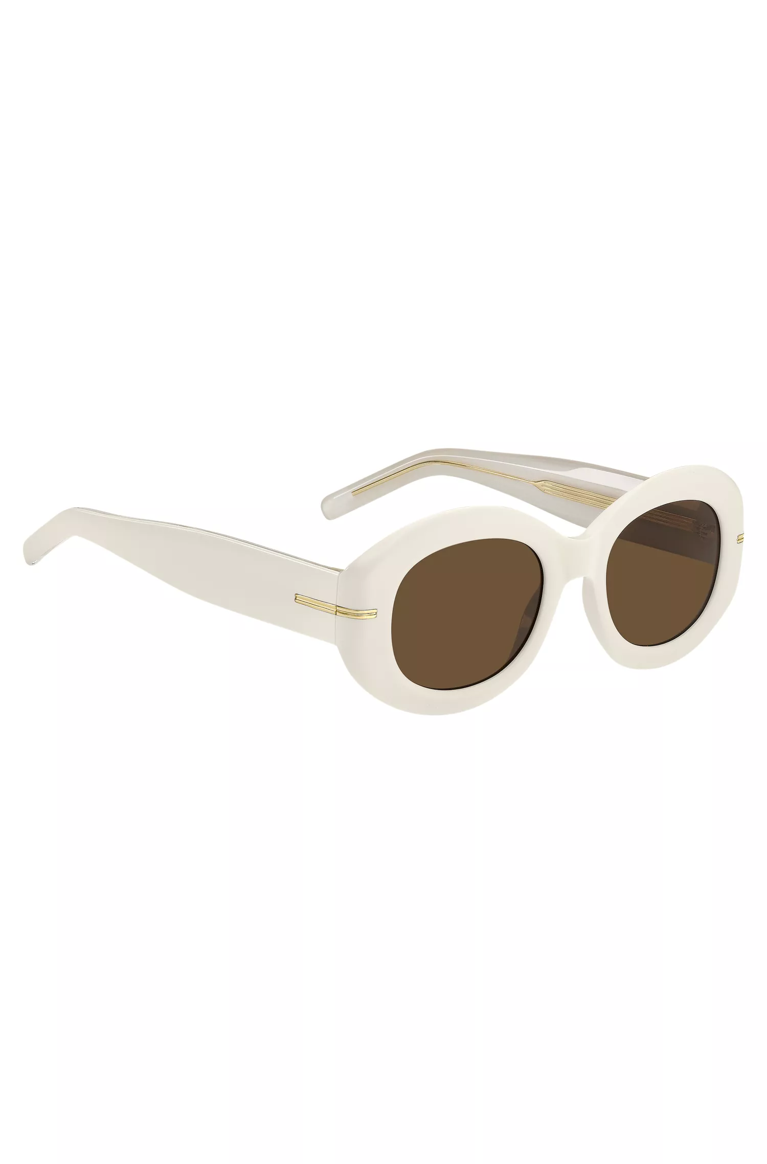 Óculos de sol BOSS em acetato preto e branco com detalhe dourado característico.