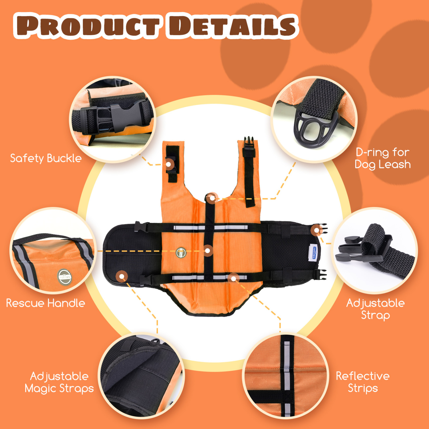 Nobleza - Colete salva-vidas para cães, boia para cães com faixas refletoras, colete de natação para cães de alta flutuabilidade com alça de resgate durável para natação, surfe e passeios de barco, laranja (G)