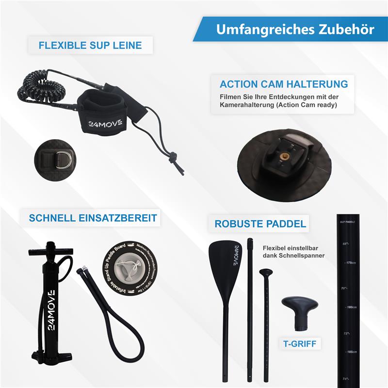 24MOVE® Standup Paddle Board SUP, inkl. umfangreichem Zubehör, Paddel und Hochdruckpumpe, ROT, 366x80x15cm