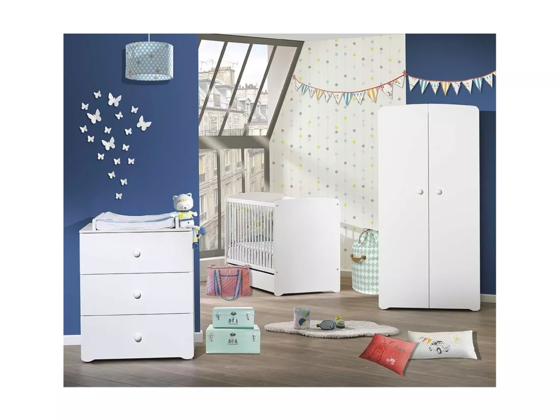 Chambre complète bébé avec lit 120x60cm, commode à langer et armoire 2 portes