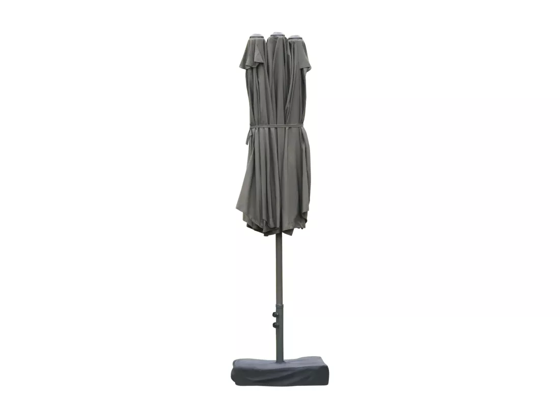 Parasol de jardin XXL dim. 4,6L x 2,7l x 2,4H m ouverture fermeture manivelle pied & contrepoids inclus acier polyester haute densité gris