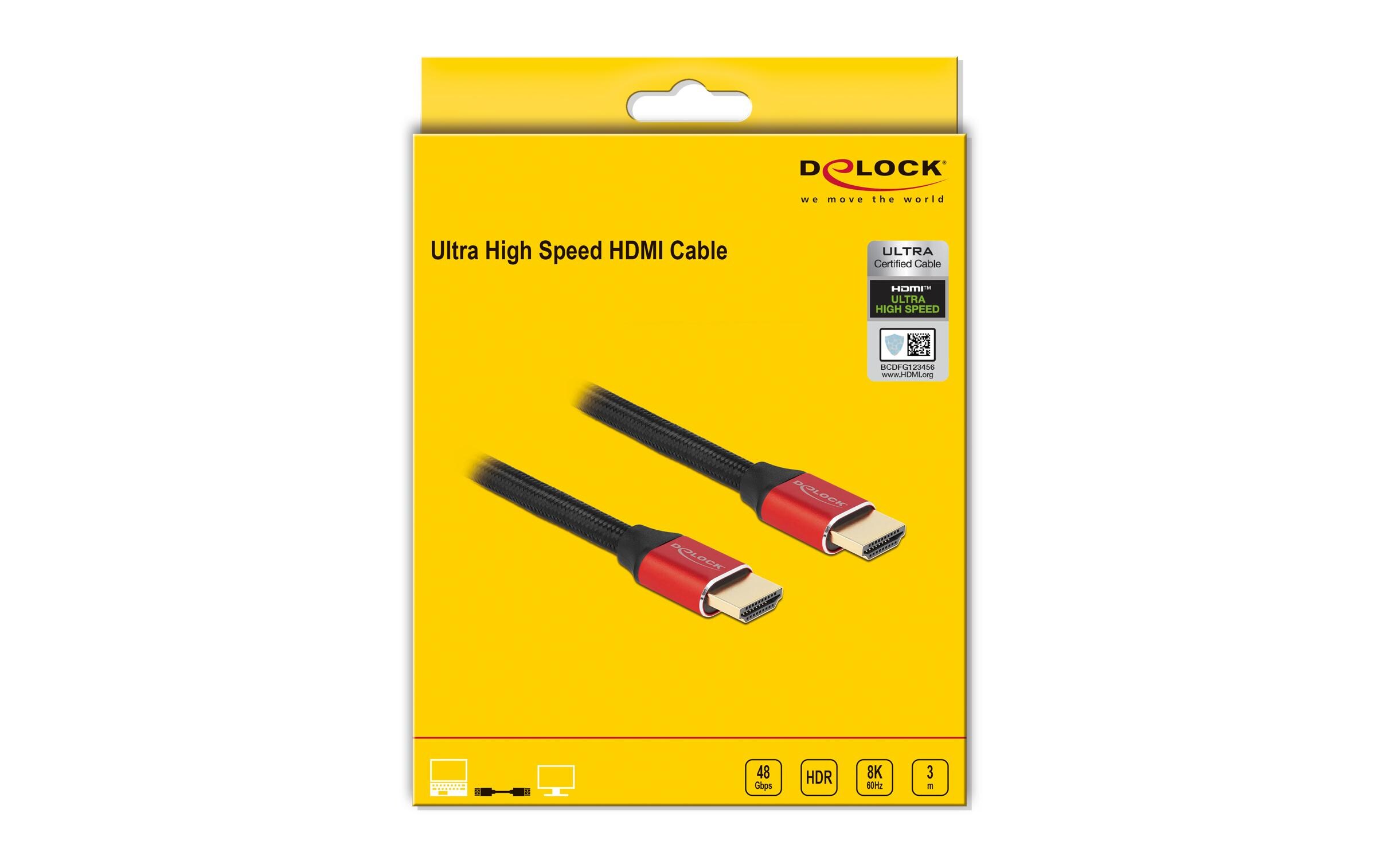 Kabel 8K 60Hz HDMI - HDMI, 3 m, RotDelock Ultra High Speed HDMI Kabel 48 Gbps 8K 60 Hz rot 3 m zertifiziert