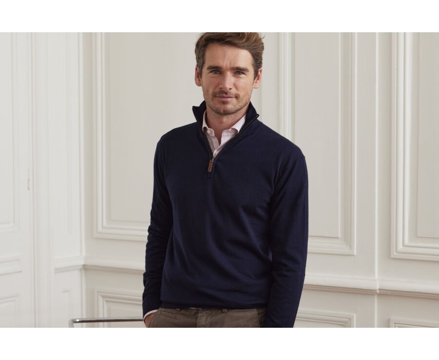 Pull col zippé homme fin coton bio/cachemire Navy - VLAD