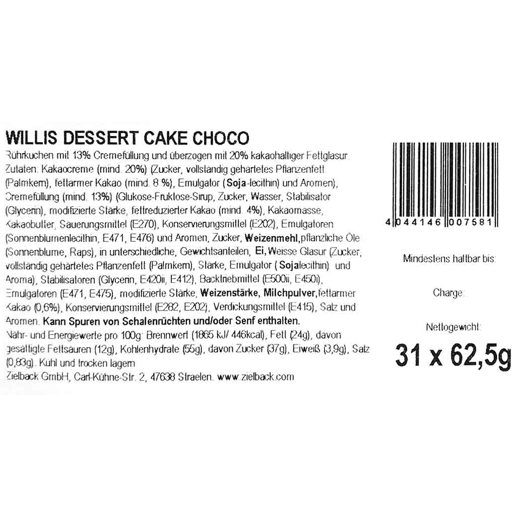 31x Willis Dessert Cake Choco á 62,5g=1937g MHD:9.12.24