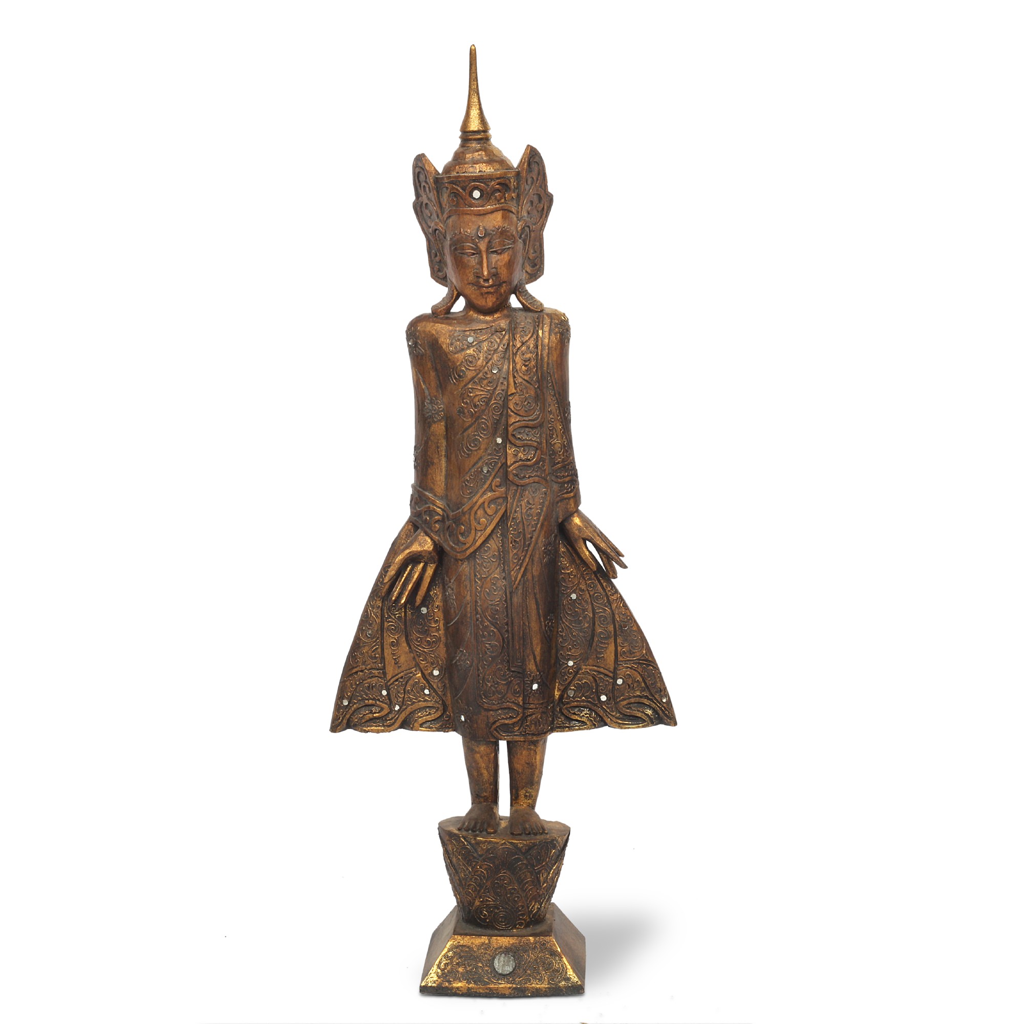 Skulptur 'Buddha stehend' Thai Style, vintage gold, H 120 cm, B 48 cm, L 18 cm von fischer's lagerhaus