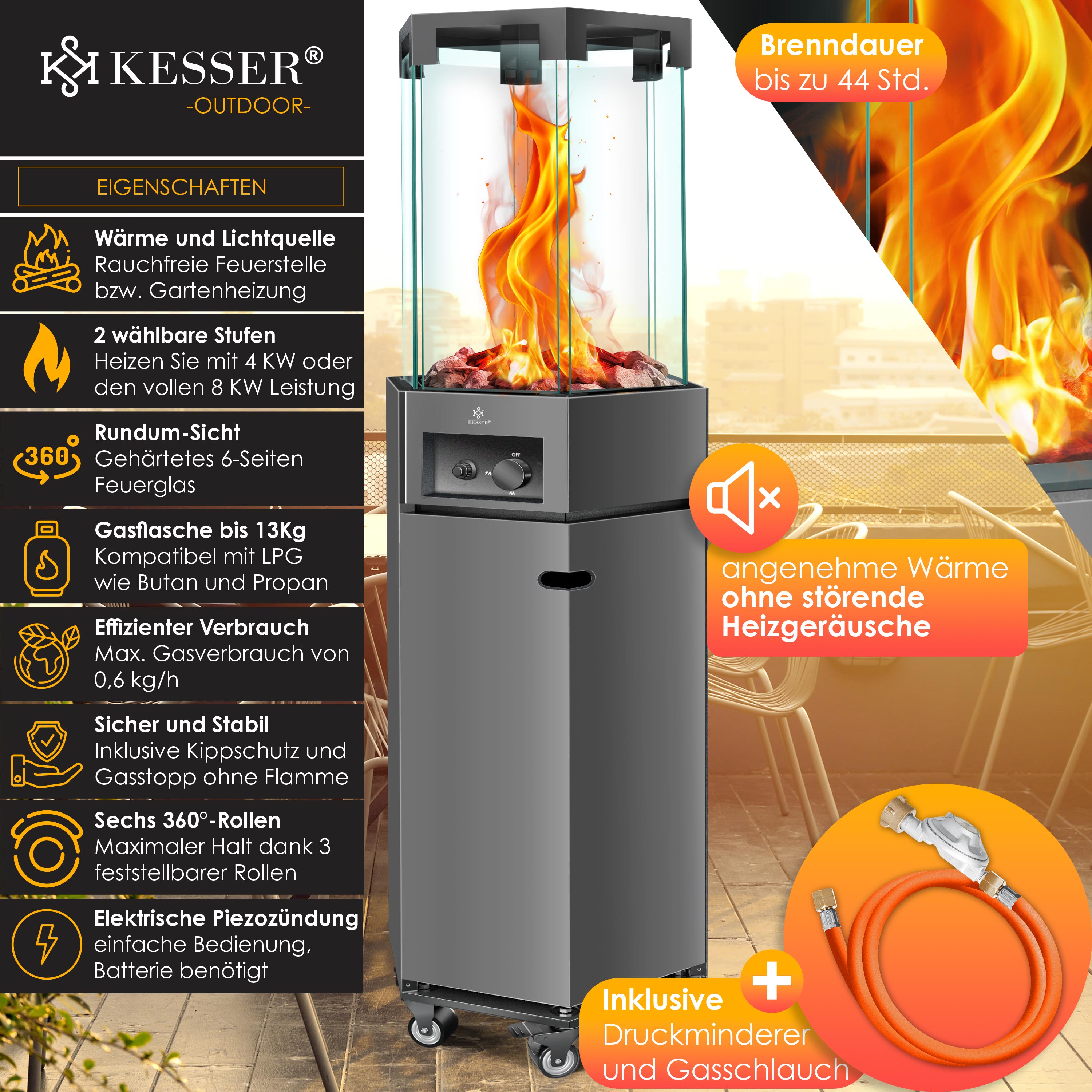 KESSER® Heizstrahler Gas Terrassenheizstrahler Gasheizungen Gasheizstrahler Gasheizer inkl. Schutzhülle Outdoor-Heizung Mobiler Heizpilz Flammenheizer, Pyramide Terrassenheizer , mit Bodenrollen