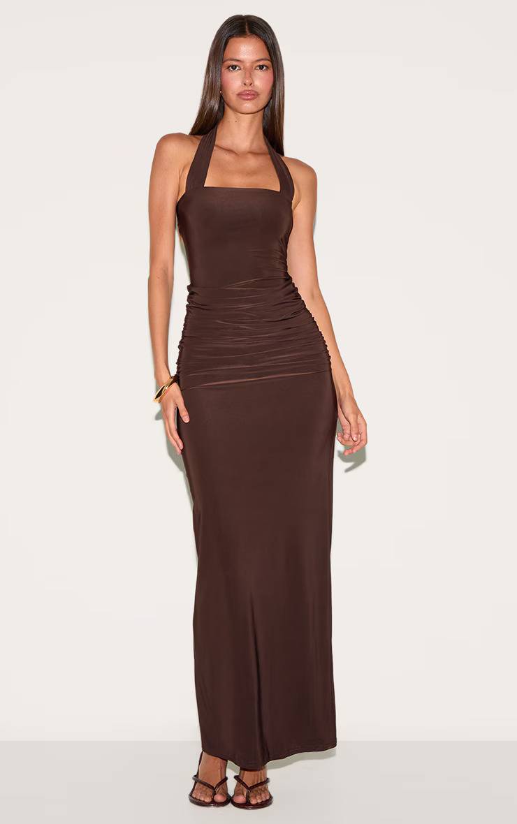 Chocolat Robe Longue Double Couche En Tissu Slinky À Encolure Carrée Licou Avec Détails Drapés