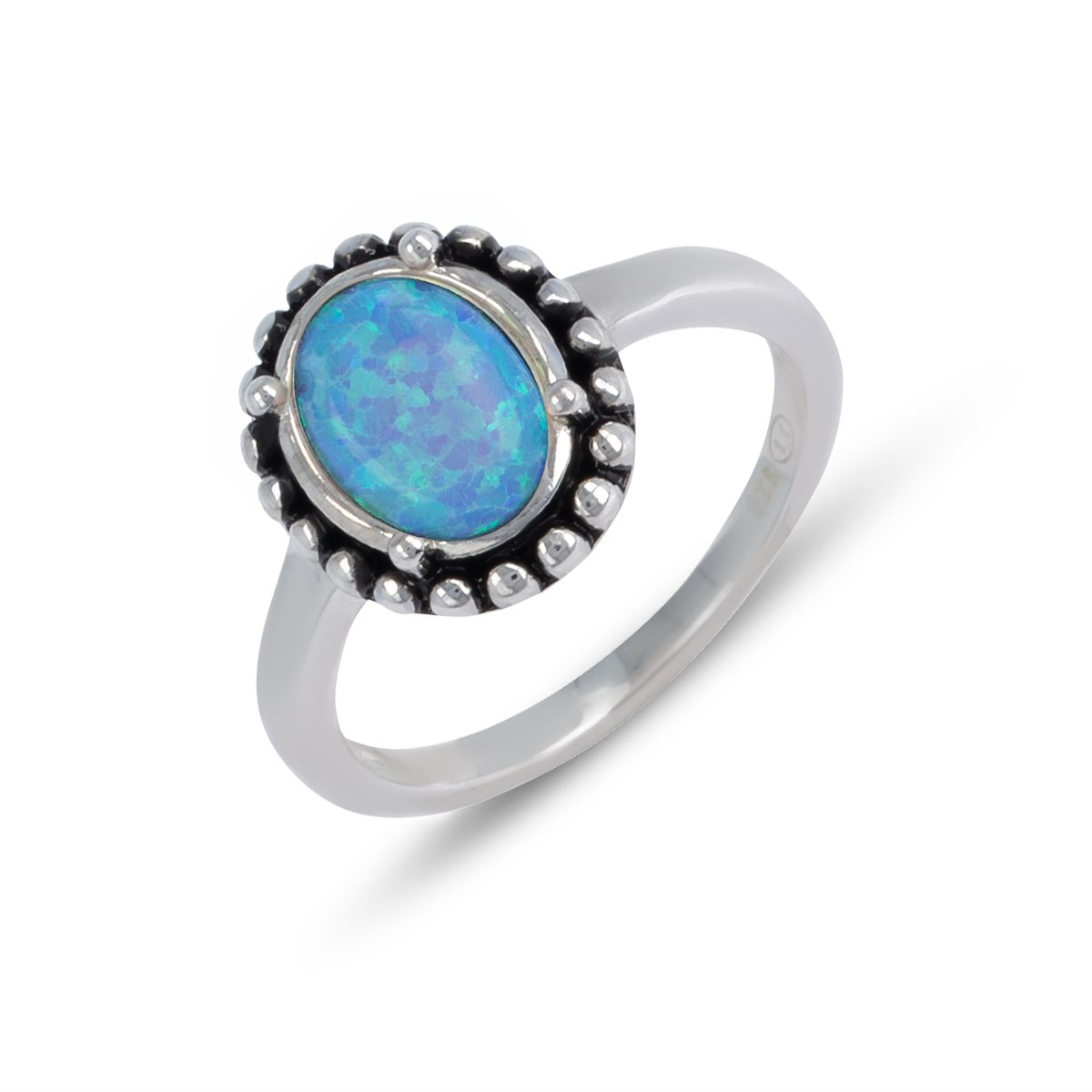 Bague argent rhodié opale bleue imitation forme ovale