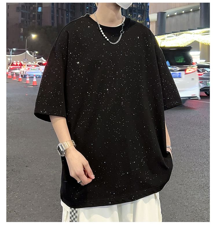 emeisa - T-shirt met korte mouwen, ronde hals en effen glitter