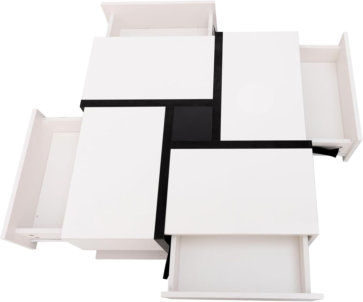 Merax Hochglanz Couchtisch mit 4 Schubladen und unterer Ablagefläche, einzigartiges Farb- und Liniendesign (78x78x36 cm) Weiß+Schwarz