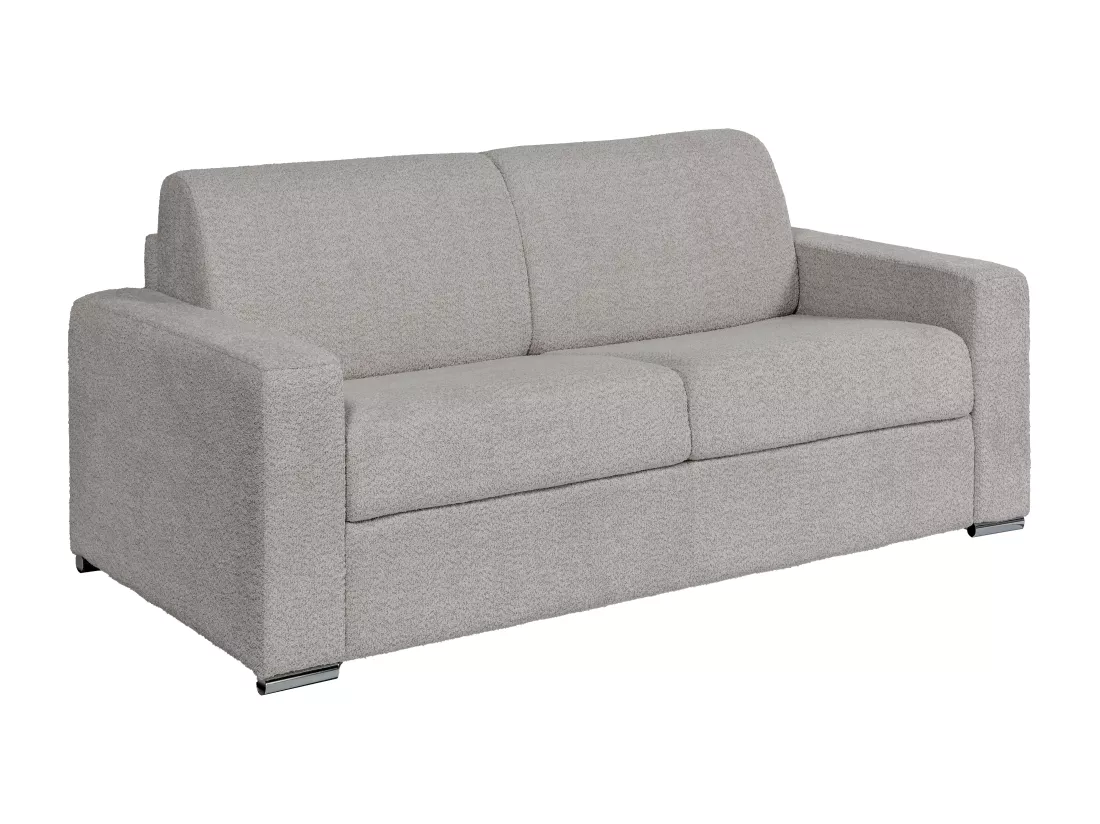 Canapé 3 places convertible express en tissu bouclette gris clair - Couchage lattes larges 140 cm - Matelas 14 cm CALITO