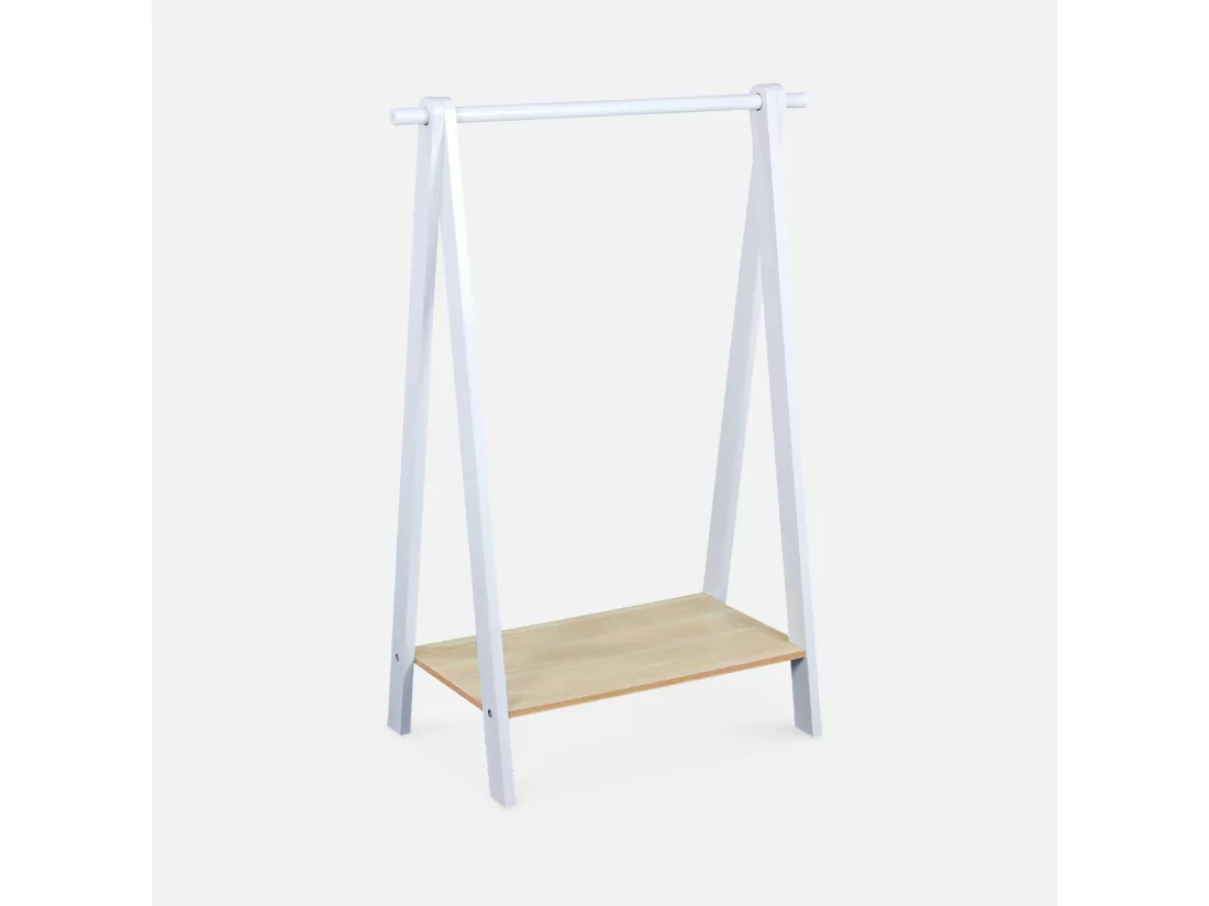 Penderie enfant en bois massif en pin naturel blanc - Tobias - 70X100CM. étagère basse. portant style scandinave. 4 pieds. 4.3kg