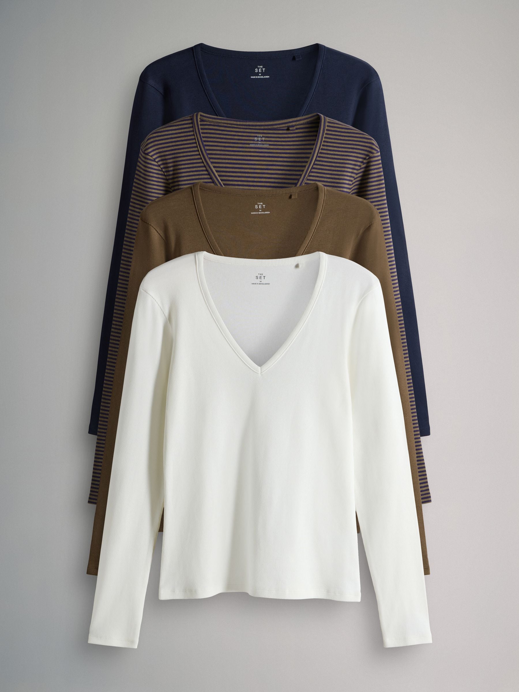 Marineblauw/Bruin/Strepen/Crème - The Set 4 Pack V-Neck Ribbed Long Sleeve T-Shirts