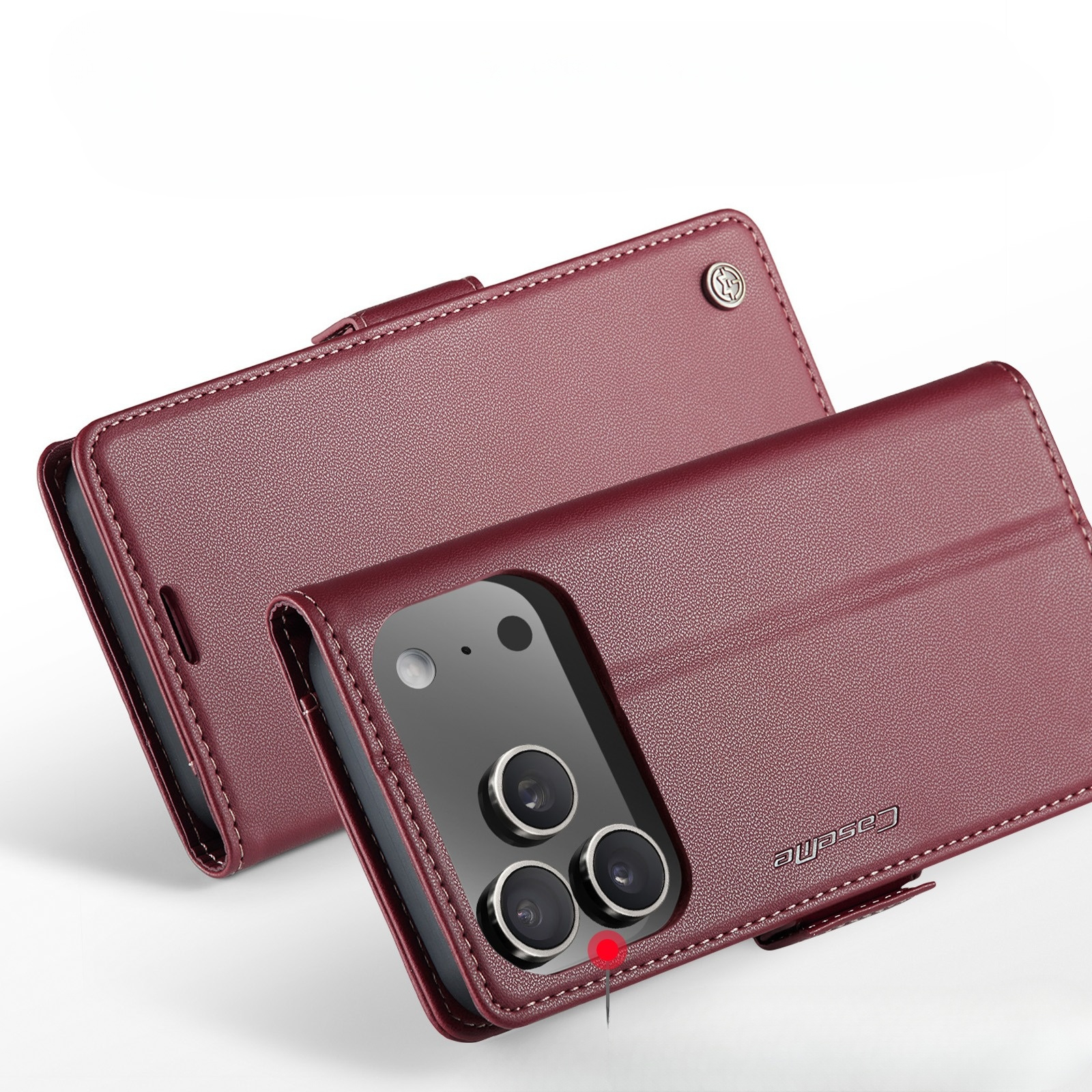 iPhone 17 Pro Max Leder Tasche Flip Wallet Etui mit Kartenfächern Litchi Look (RFID Schutz) - Rot