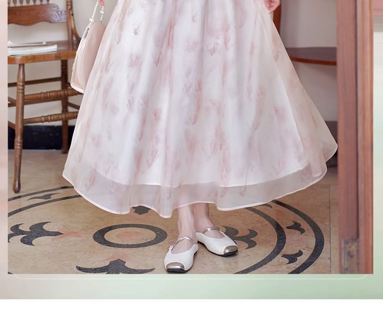 Fioridi - Hanfu-top met korte mouwen en bloemenprint, kikkerknoopjes en hoge taille, midi-A-lijn rok