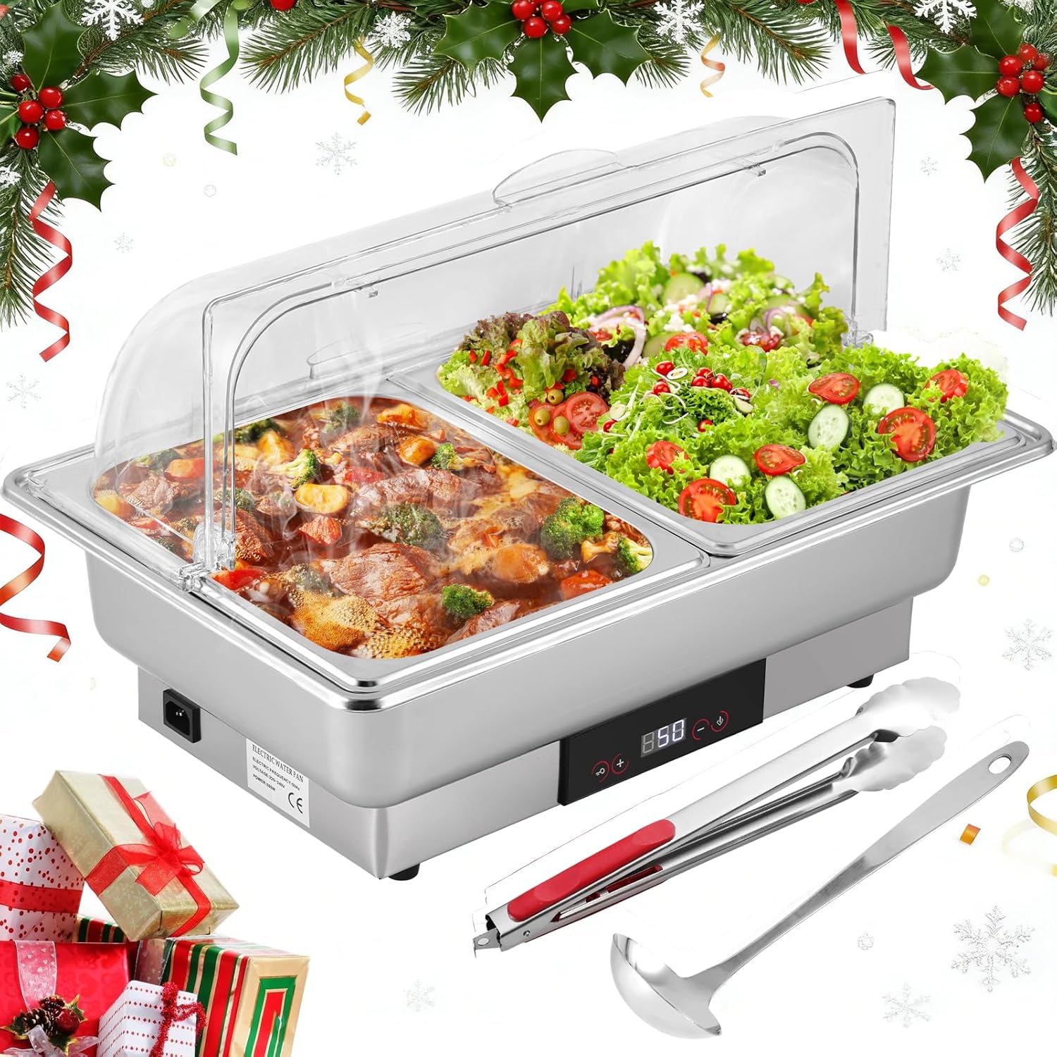 YUCHENGTECH Chafing Dish Elektrisch 9L Buffetwärmer Elektrisch Speisenwärmer Edelstahl mit Temperaturregelung und Durchsichtigem Deckel für Catering Hochzeitsfeiern Restaurants Unterhaltsam