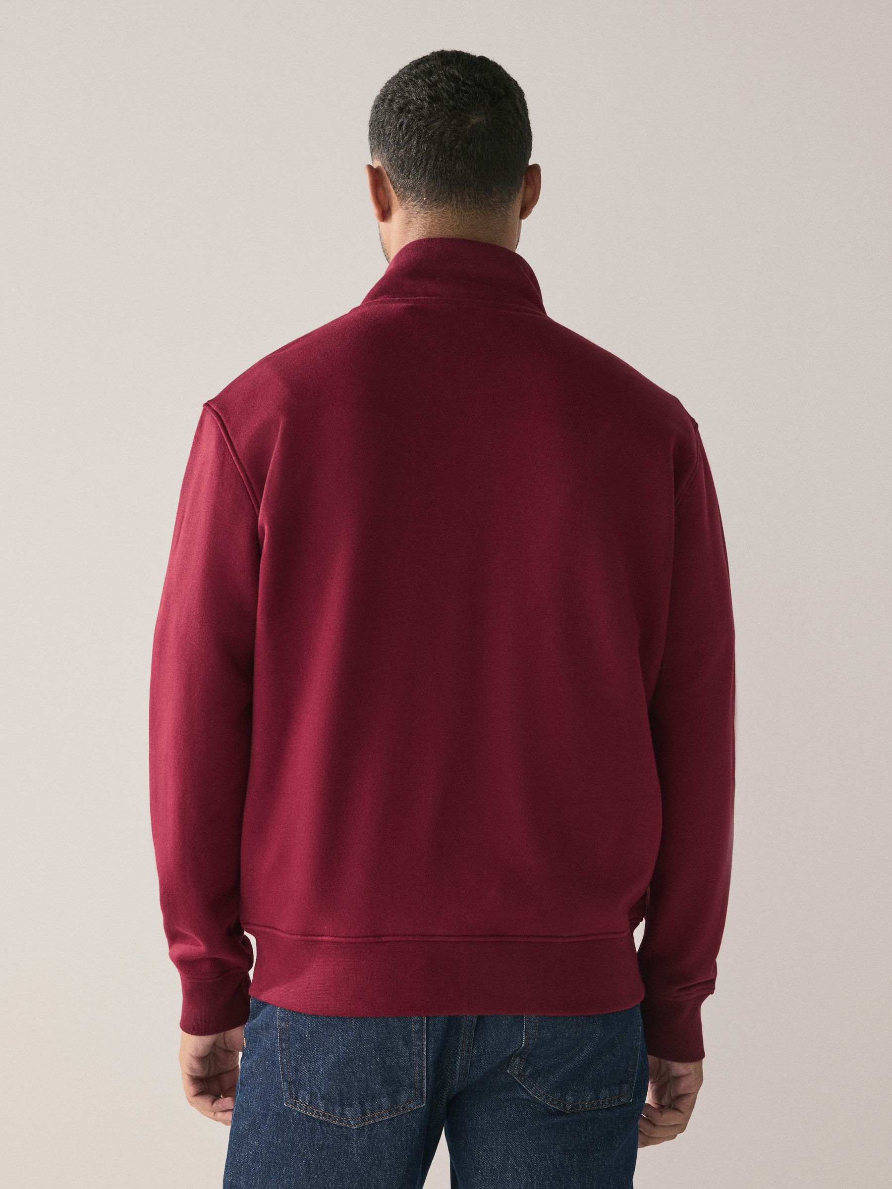 Donkerrood - Cotton Rich Jersey Full Zip Funnel Neck Sweatshirt