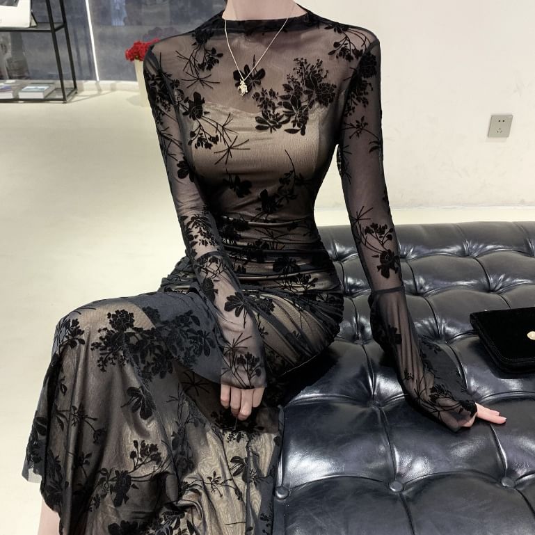 Cassidy - Midi-jurk met lange mouwen en bloemenmotief van mesh