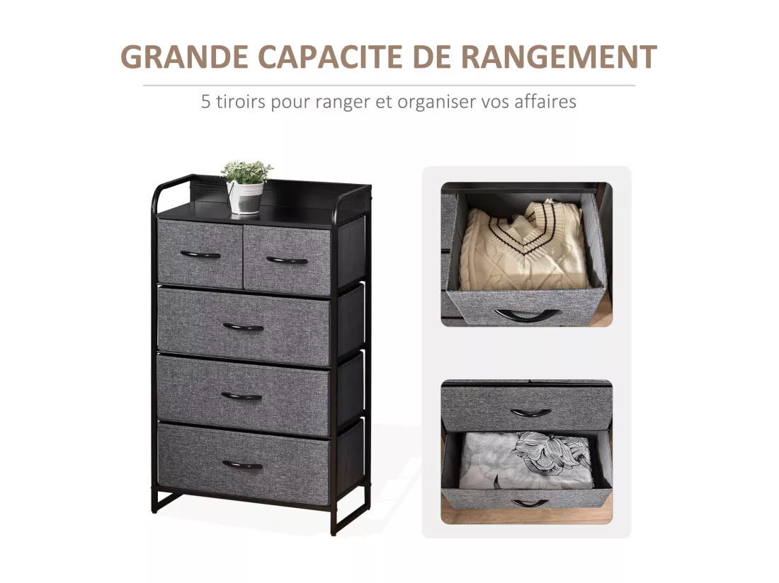 Commode meuble de rangement 5 tiroirs pliables en tissu 58 x 29 x 99 cm gris