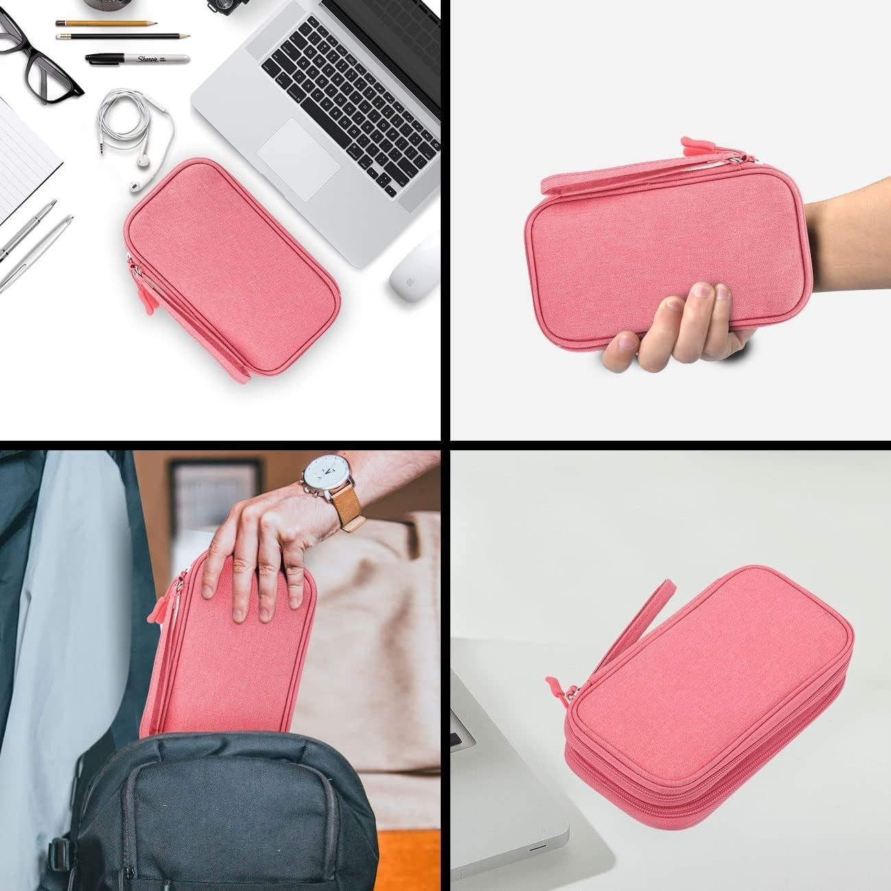 (21x12.5x6cm) Universal Nylon Tasche Reise Organizer für Smartphones / Ladekabel mit Doppel Reissverschluss - Rosa