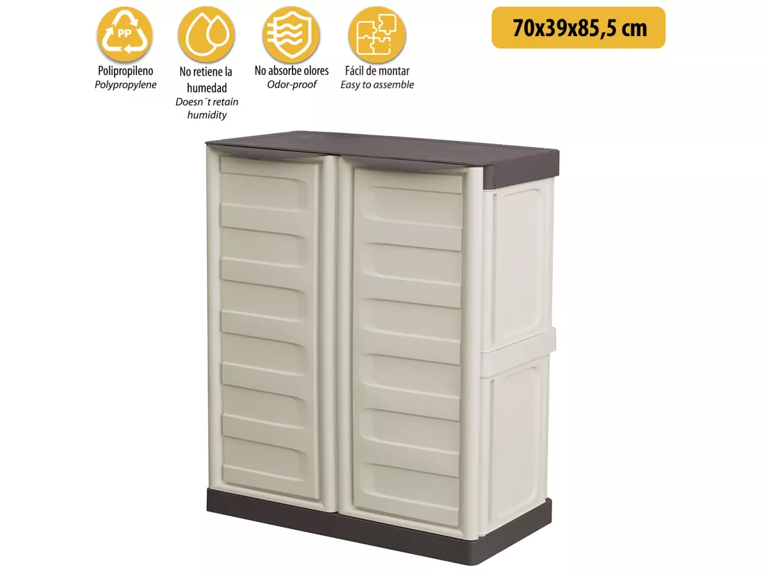 Armoire mi-hauteur en polypropylène, coloris ivoire et taupe, l 700 x p 390 x h 855 mm.