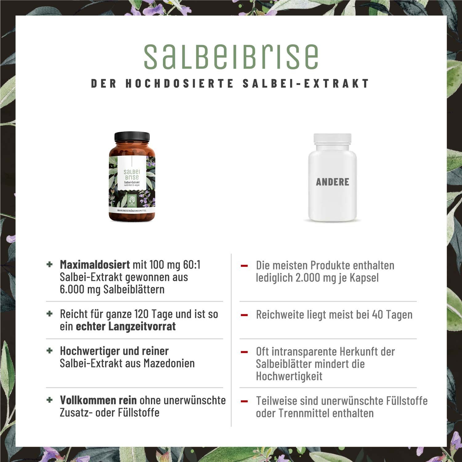 Salbei Komplex hochdosiert - 6000mg Salbei Extrakt pro Kapsel - Salbeibrise - NATURTREU®