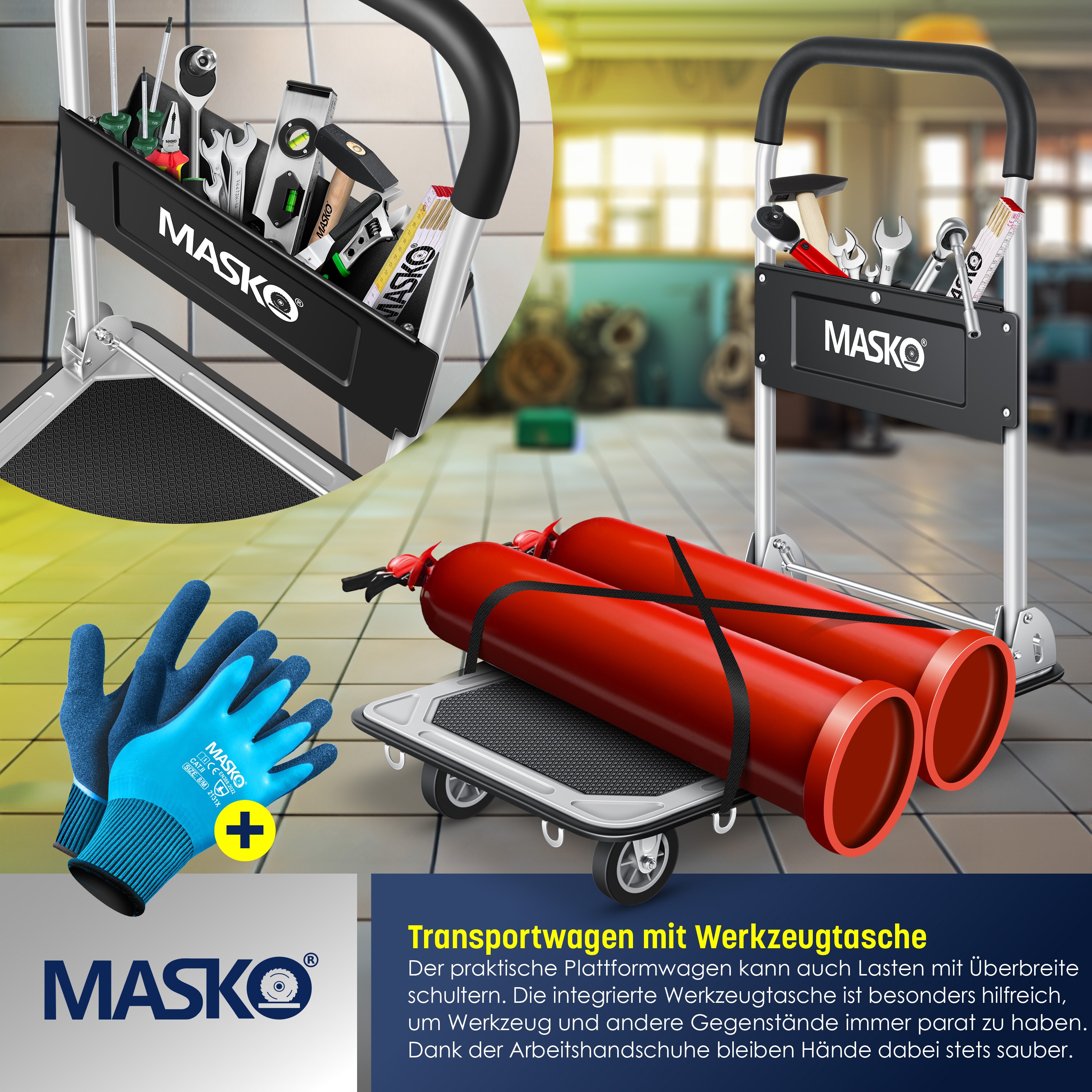 MASKO® Plattformwagen Transportwagen Lagerwagen Klappbar Inkl. Arbeitshandschuhe | Feststellbremse Transporthilfe | Mit 6 Sicherungsösen | 360° Lenkrollen | Paketwagen Klappwagen