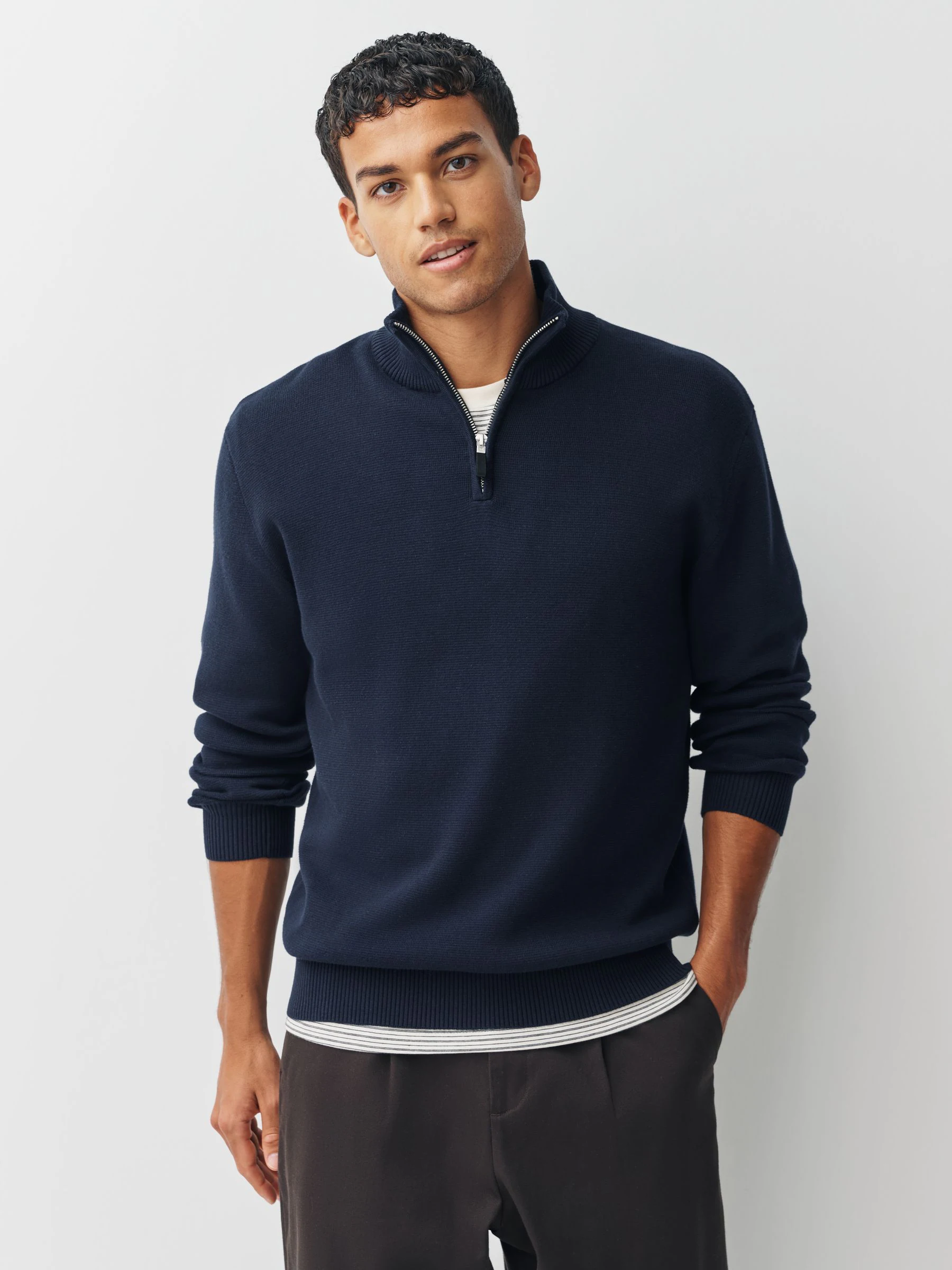 Marineblauw/beigebruin - Regular Fit Premium Kwart Rits Truien 2 Pakket