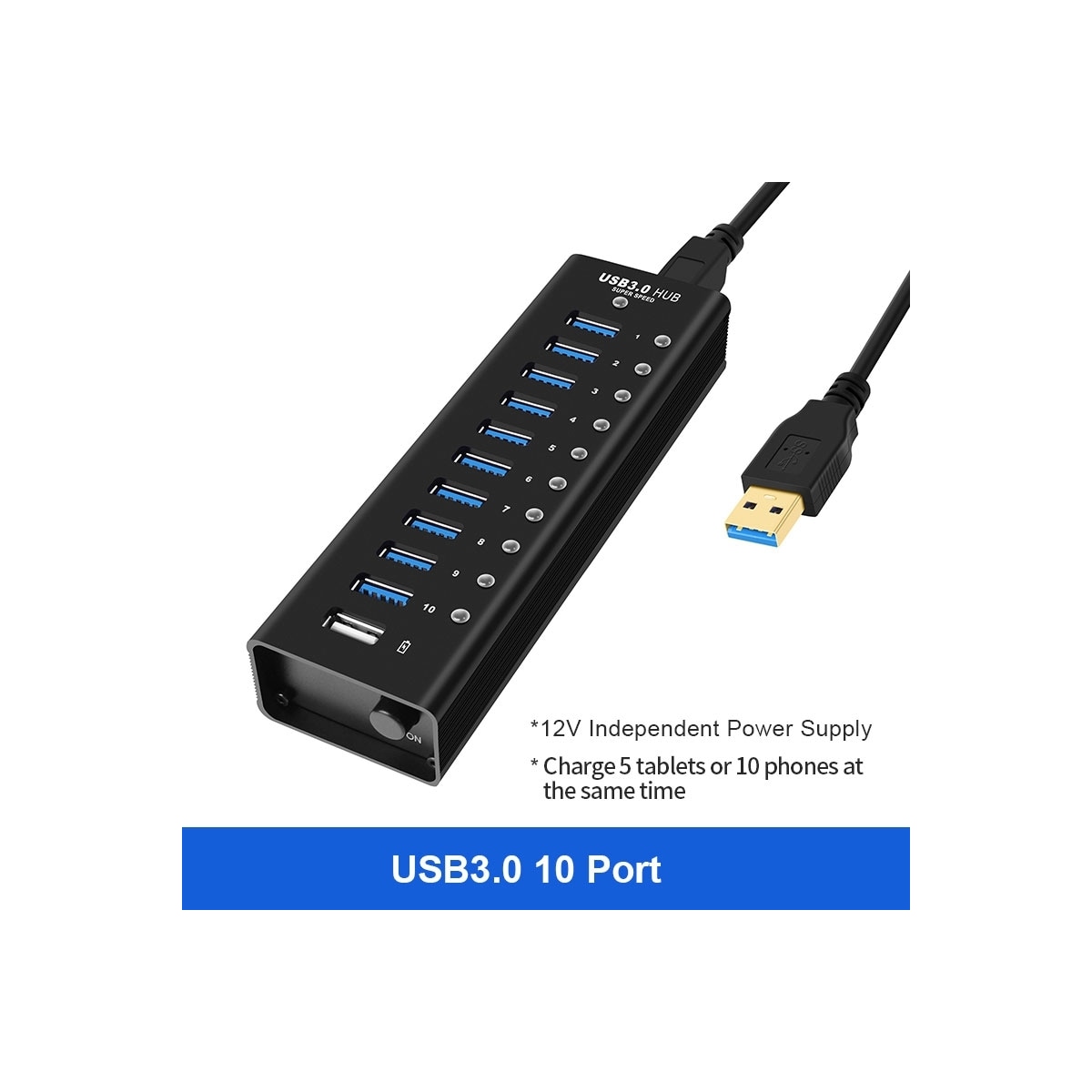 NÖRDIC drevet 11-ports USB 3.0 HUB med individuell bryter 5 Gbps 1,2 mm kabel aluminium svart med strømforsyning