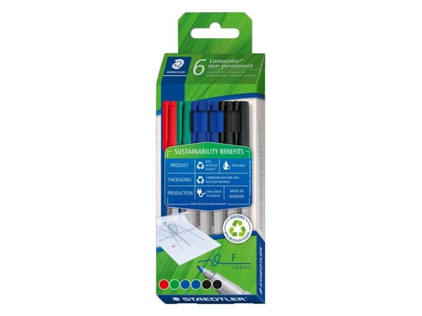 Staedtler Lumocolor Non-Permanent, 6 stykker, Sort, Blå, Grønn, Rød, Rund, Fint, 0,6 mm, Vann-basert blekk