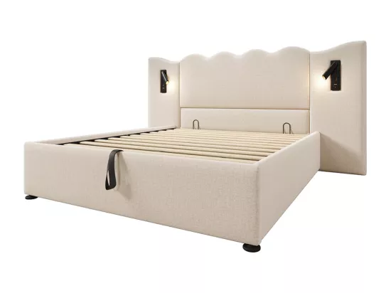 Lit double capitonné 160 x 200 avec liseuse et chargeur USB Type-C, avec cadre en bois massif et lattes, beige, lin.