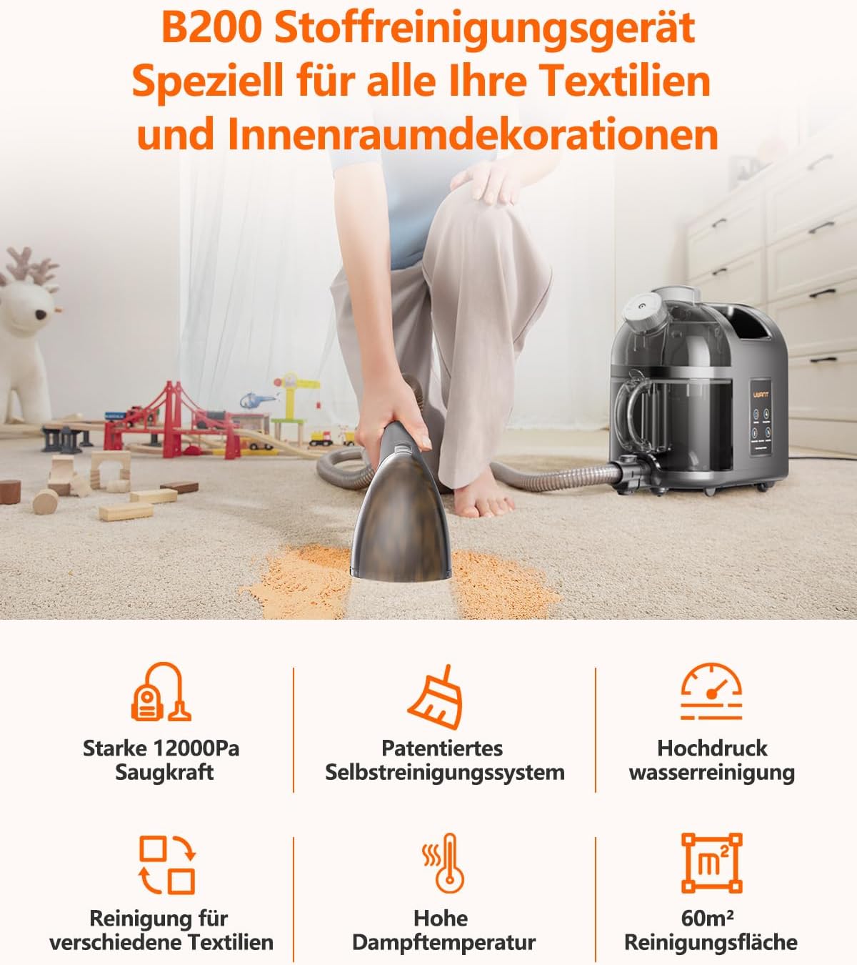 Uwant B200, Polsterreiniger Gerät, 1900W, Dampfreinigungsfunktion | Für Teppiche, Sofas, Vorhänge, Kleidung | 74DB, 12000Pa