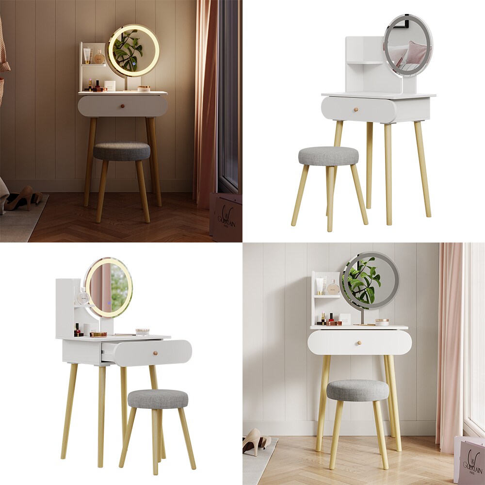 Vicco Schminktisch Edda LED-Spiegel Hocker 60 x 76 cm Weiß Frisiertisch modern