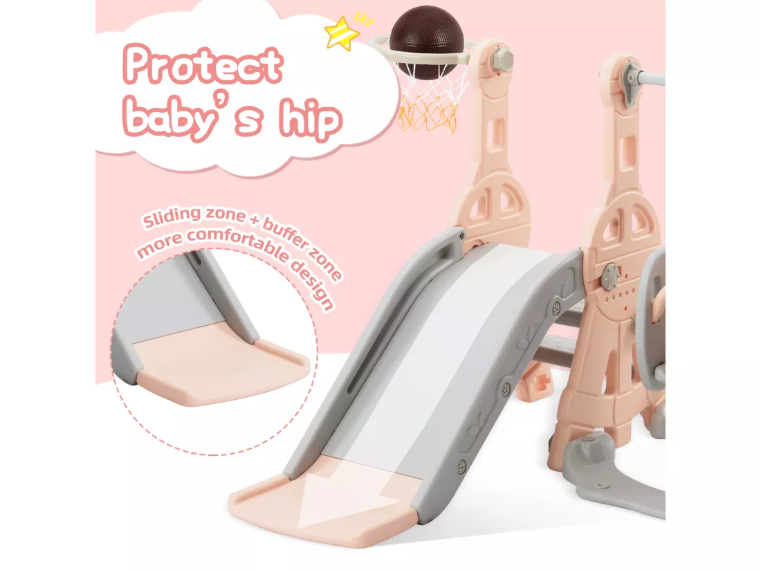 Toboggan pour enfants 4 en 1 avec support de basket, échelle d'escalade, balançoire de jardin,Rose+Gris