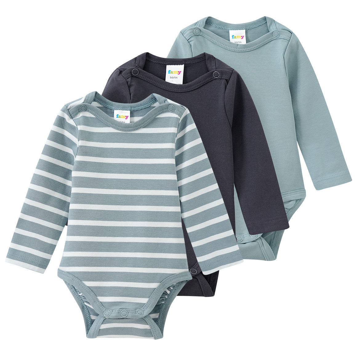 Famy 3 Baby Bodys mit Bio-Baumwolle salbei / dunkelgrau / weiss