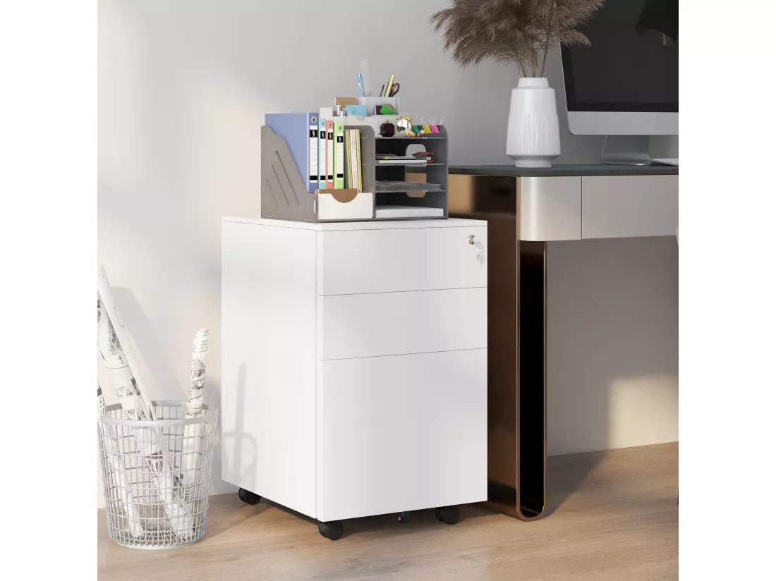 Caisson de bureau rangement bureau sur roulettes 3 tiroirs coulissants verrouillables trieur à dossiers acier blanc