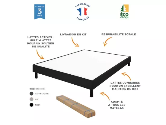 Sommier déco en Kit + pieds 140x190 - Newkit 40 lattes bois - Anthracite - H. 18 cm