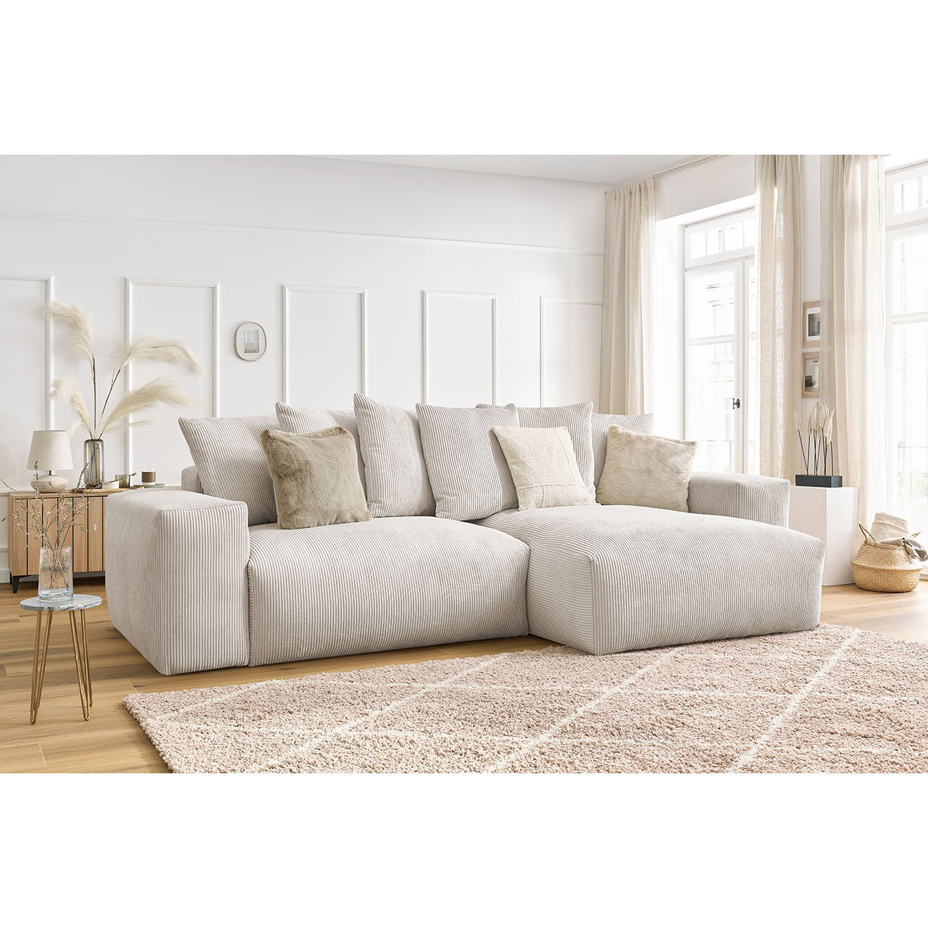 Bobochic Canapé d'angle réversible ultra moelleux voltaire velours côtelé beige - 310x174x75 cm